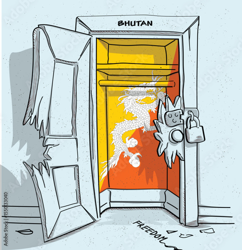 Bhutan's path to freedom. A political illustration of a broken but locked door with the national flag. A metaphor for struggle and hope.