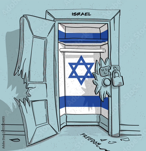 Israel's path to freedom. A political illustration of a broken but locked door with the national flag. A metaphor for struggle and hope.