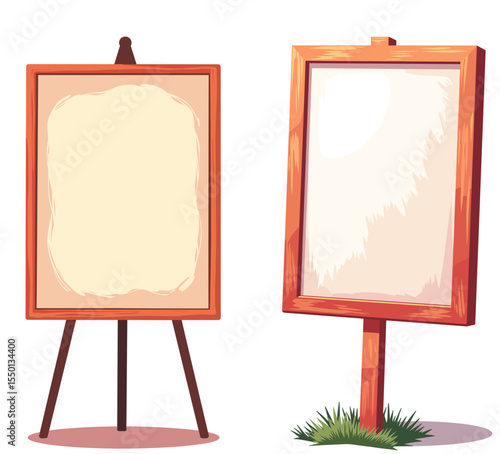 Wooden protest boards standing on grass in a city park - Concept of Set of international human rights day  