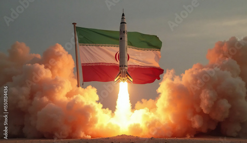 Iran Rocket Launch with National Flag - Military Strength and Geopolitical Tension Concept