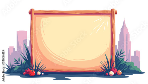 Blank advertising board in city with plants and skyline background  