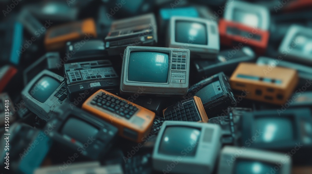 Fototapeta premium A captivating image featuring a disarray of vintage televisions and electronics, reflecting a nostalgic era of technology with an artistic composition of retro devices.