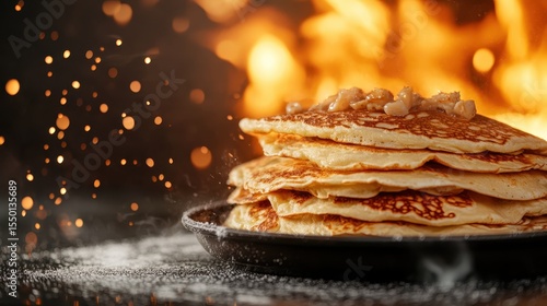 Wallpaper Mural Delicious golden pancakes piled high in a sizzling skillet, topped with crunchy nuts, evoke warmth and comfort, perfect for any breakfast lover indulging in a treat. Torontodigital.ca