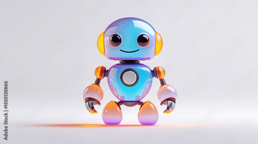 Colorful robot character stands cheerfully against a plain background, showcasing a blend of futuristic design and playful aesthetics Colorful robot character stands cheerfully against a plain background, showcasing a blend of futuristic design and playful aesthetics