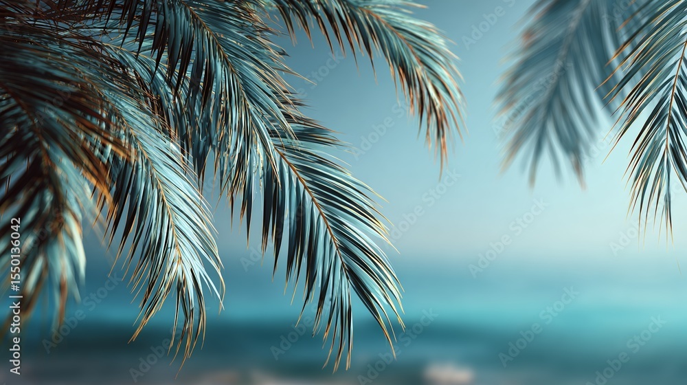 Fototapeta premium Minimal tropical background with palm leaves, blurred ocean and sky gradient behind