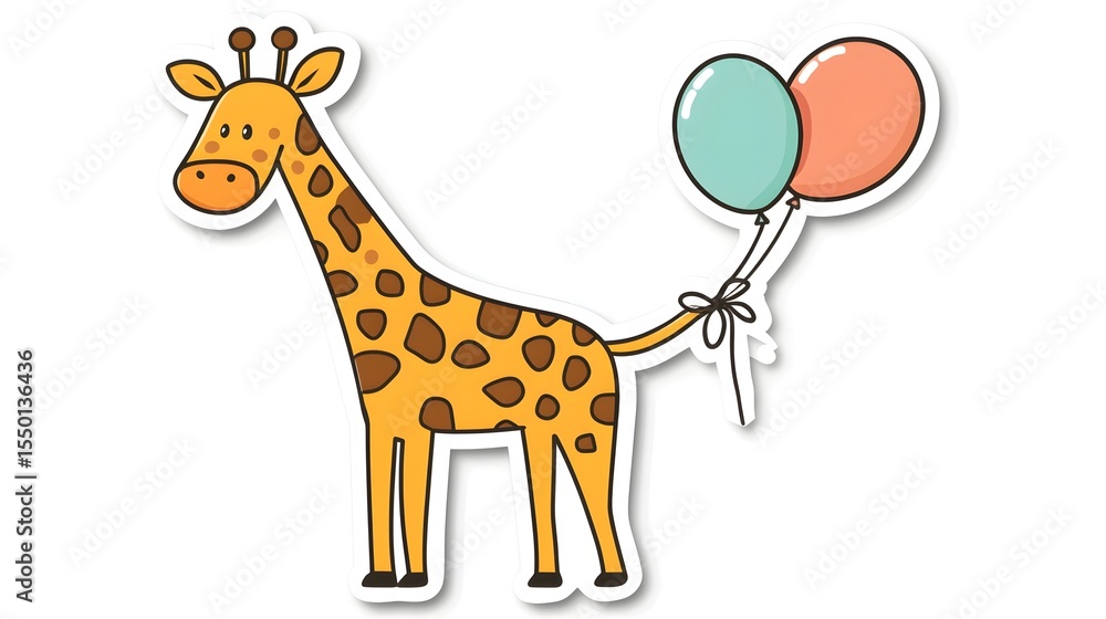 Fototapeta premium Playful Celebration: A Tall Giraffe with Spotty Pattern and Balloons Tied to Its Tail