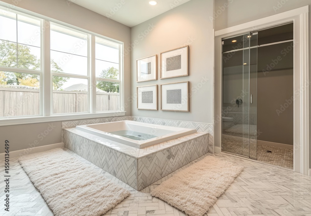 Modern bathroom with soaking tub, large windows, and art Modern bathroom with soaking tub, large windows, and art
