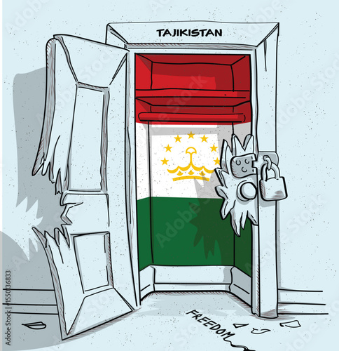Tajikistan's path to freedom. A political illustration of a broken but locked door with the national flag. A metaphor for struggle and hope.	