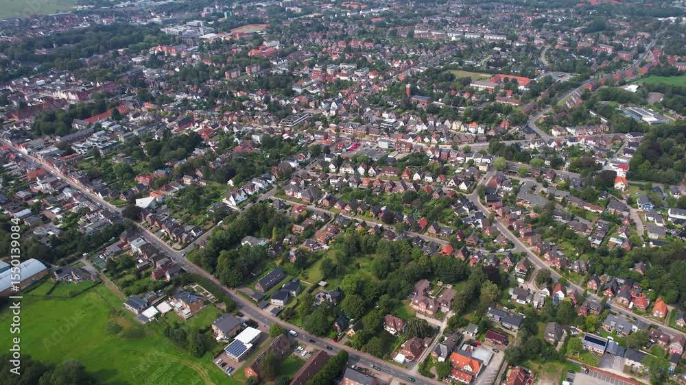 An arial panoramic view of the old town of the city Husum in Germany on a sunny spring day An arial panoramic view of the old town of the city Husum in Germany on a sunny spring day