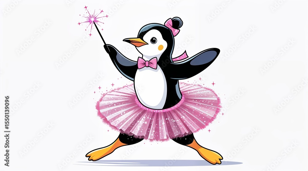 Fototapeta premium Penguin dressed in a pink tutu performing magic with a wand in a whimsical setting