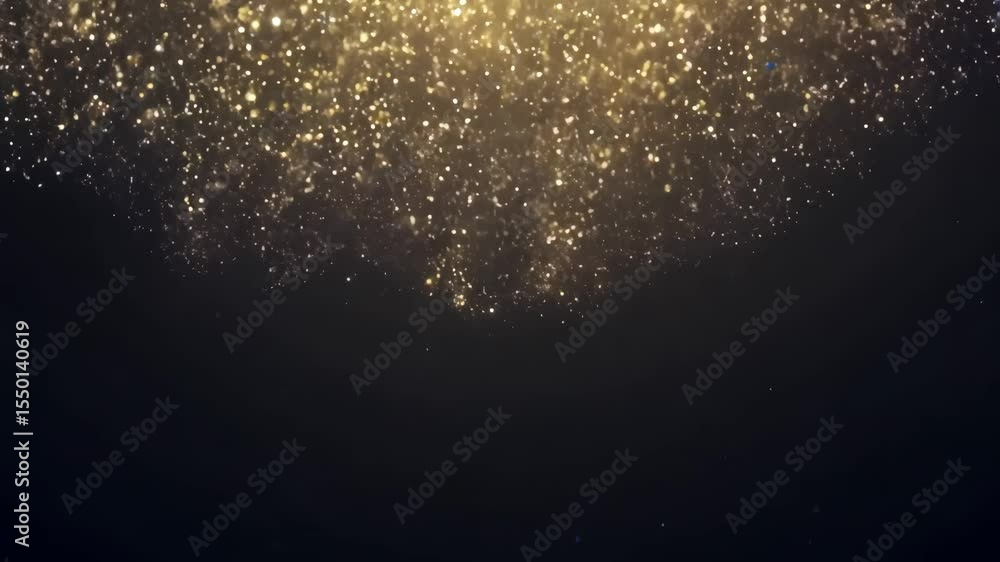 Golden shimmering particles float in darkness. Bright dust and light appear against black background. Abstract glitter overlay footage.