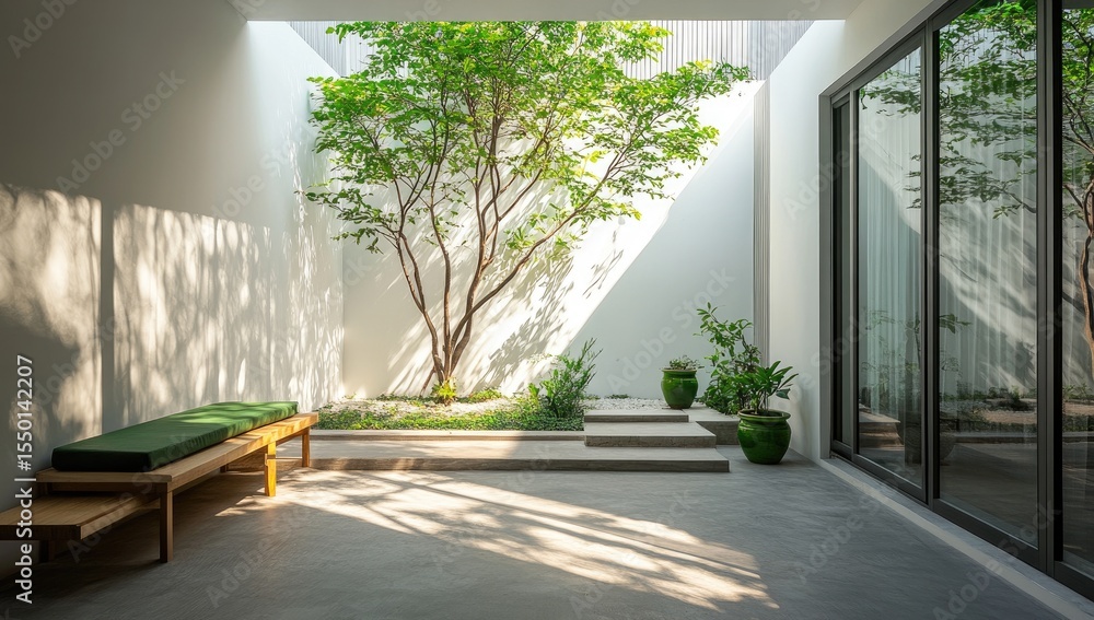 Fototapeta premium Sunlight streams into a modern courtyard garden