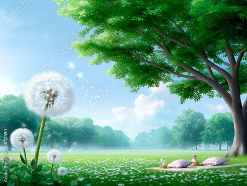 Lush green park scene featuring dandelions in bloom, soft pillows on grass, and a serene atmosphere with gentle sunlight filtering through trees, ideal for relaxation and nature appreciation