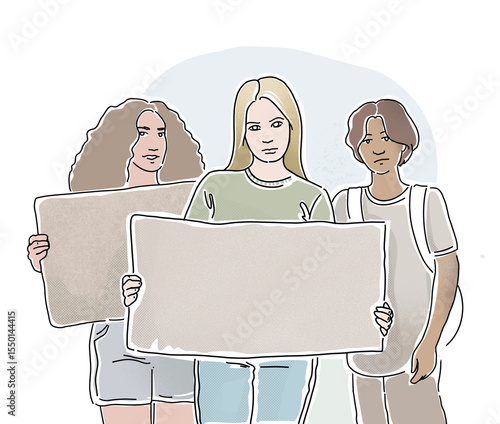 Protest 2025 - Female Empowerment, Demo, Frauen, Demonstration für Frauenrechte und Umweltschutz, Gender Pay Gap, Diversity, Hanzeichnung / Illustration
