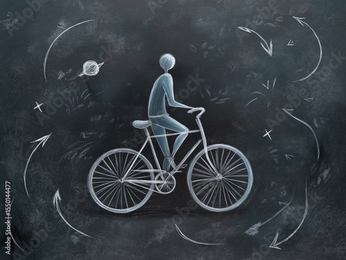 Illustration of a person riding a bicycle surrounded by swirling arrows and abstract shapes, symbolizing movement and freedom in a creative artistic style