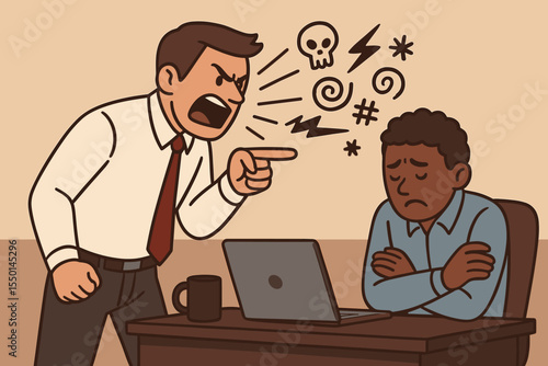 Angry boss yelling at employee. Workplace bullying, harassment, racial discrimination. Verbal abuse, mobbing and toxic environment concept. Aggressive manager scolding sad worker.
