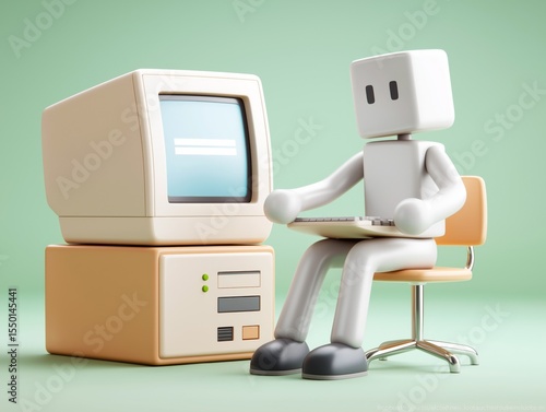 3D illustration of a stylized humanoid figure sitting at a vintage computer, engaged in typing, showcasing a playful interaction with technology in a minimalistic environment