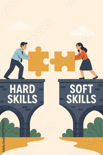 Hard skills versus soft skills business metaphor. People bridging gap with puzzle pieces for teamwork. Collaboration, connection, and partnership concept for success and development.
