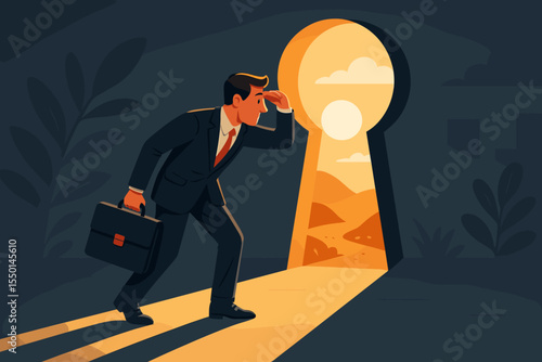 Businessman looking through keyhole at new opportunity. Metaphor for career change, business vision, and future success. Corporate professional discovering a new path to solve challenges.