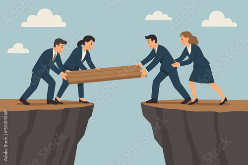 Business team building a bridge over a cliff gap, a metaphor for teamwork and collaboration. Partnership concept for connecting two sides and overcoming obstacles and challenges.