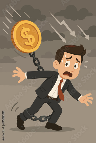 Financial crisis concept. Businessman chained to a heavy falling dollar coin. Metaphor for economic recession, currency crisis, debt burden, bankruptcy, and being trapped by money.