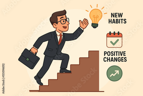 Ambitious businessman climbing stairs to success, adopting new habits for personal growth, professional development, and positive change. Motivation, improvement, achievement vector illustration