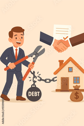 Financial freedom concept. Businessman cutting debt chain with bolt cutters. Mortgage reduction and loan negotiation with handshake agreement. House debt and real estate concept.
