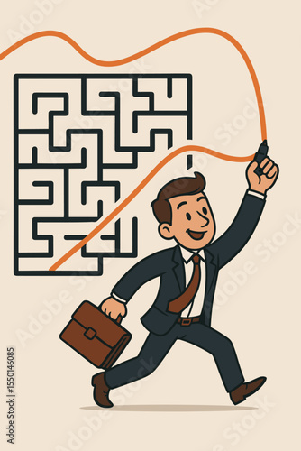 Creative businessman thinking outside the box by drawing a line over a maze. Business concept for finding a smart solution, shortcut, and strategy to overcome obstacles and problems.