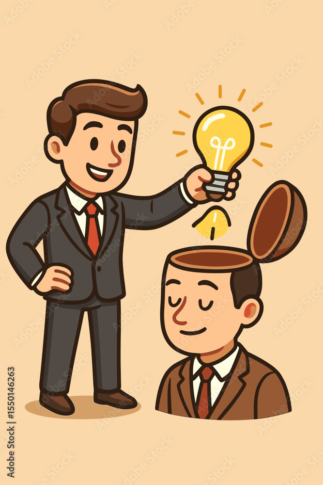 Mentoring and coaching for business success. Manager puts a light bulb idea into an open head. Concept of innovation, creativity, knowledge transfer, brainstorming, and solutions. Mentoring and coaching for business success. Manager puts a light bulb idea into an open head. Concept of innovation, creativity, knowledge transfer, brainstorming, and solutions.
