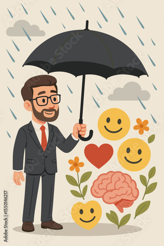 Mental health concept. Businessman holds umbrella to protect brain, heart, smile from rain. Metaphor for self care, resilience, stress management, emotional well-being, psychology.