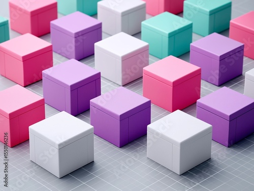 Colorful square gift boxes arranged in a playful pattern on a textured surface, showcasing vibrant hues of pink, purple, and teal, ideal for festive occasions and celebrations