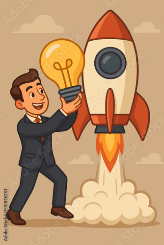 Businessman launching a creative startup idea. Entrepreneur putting a lightbulb into a rocket for innovative business success. Metaphor for a new project launch, growth and solution.