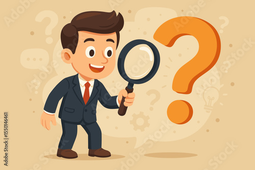 Businessman cartoon character searching for answers with magnifying glass, question mark, problem solving, decision making, information search, customer support, finding solutions concept vector