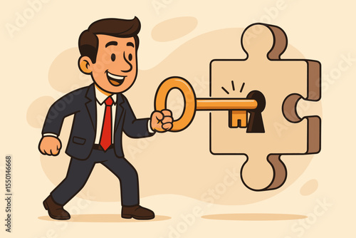 Businessman Unlocking Solution to Problem, Holding Golden Key to Puzzle Piece, Resolving Issues, Answering Questions, Finding Business Solutions, Corporate Success Vector Cartoon Illustration