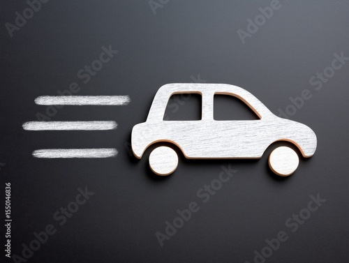 Wooden car silhouette on a dark background with motion lines, symbolizing speed and movement, representing the concept of transportation and travel in a creative way