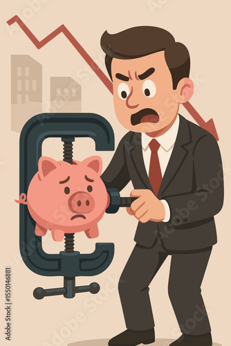 Businessman Tightening Clamp on Sad Piggy Bank, Financial Crisis Cost Reduction Concept, Cartoon Vector, Economic Downturn, Budget Cuts, Squeezed Savings, Company Expense Management