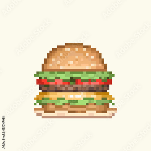 Hamburger. Pixel Art style. The icon depicts a delicious pixel art burger with a cutlet, cheese and lettuce leaves, which makes it suitable for representing fast food establishments.