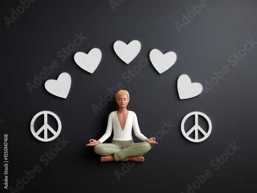 3D illustration of a serene individual meditating in a peaceful environment, surrounded by hearts and peace symbols, embodying tranquility and mindfulness in a modern setting