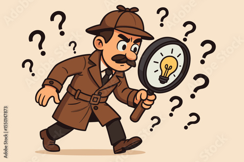 Cartoon detective character searching for answers with giant magnifying glass, surrounded by question marks, discovering creative solutions, investigation, curiosity, mystery solving concept