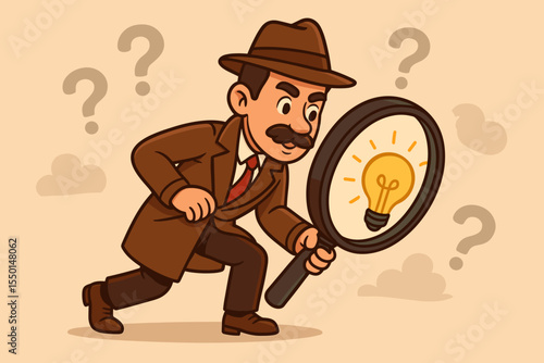 Detective character with magnifying glass searching for creative ideas, problem solving, solution finding, investigation, cartoon man with light bulb, innovation and discovery concept illustration