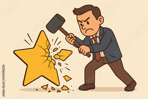 Angry customer smashing star rating with hammer, concept of negative feedback, dissatisfied client destroys review, complaint about poor service, bad experience, cartoon vector illustration