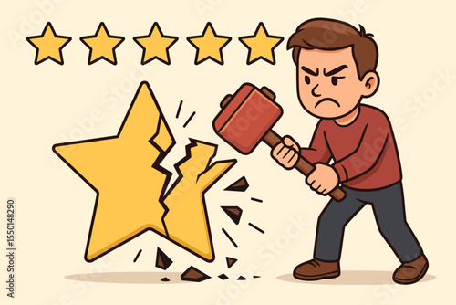 Angry customer smashing rating star with hammer, negative feedback, poor review, dissatisfaction concept, destroyed five star rating, unhappy client, cartoon vector illustration, service complaint