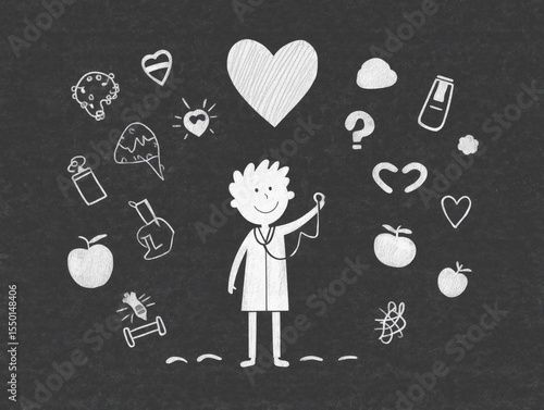 Childlike character illustration holding a measuring tape surrounded by health-related icons, symbolizing wellness, nutrition, and fitness in a playful, engaging manner for educational purposes