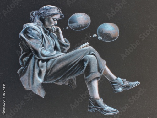 Young woman in casual attire, sitting thoughtfully while reading a book, with thought bubbles illustrating imaginative concepts, conveying creativity and introspection