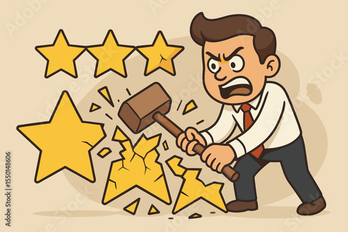 Angry customer destroying five star rating with hammer, breaking satisfaction score, negative review concept, business failure, dissatisfied user feedback, low rating, cartoon vector illustration