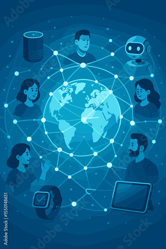 Futuristic global network connection concept. People, artificial intelligence, smart devices, internet of things, digital communication technology, global connectivity, modern vector illustration