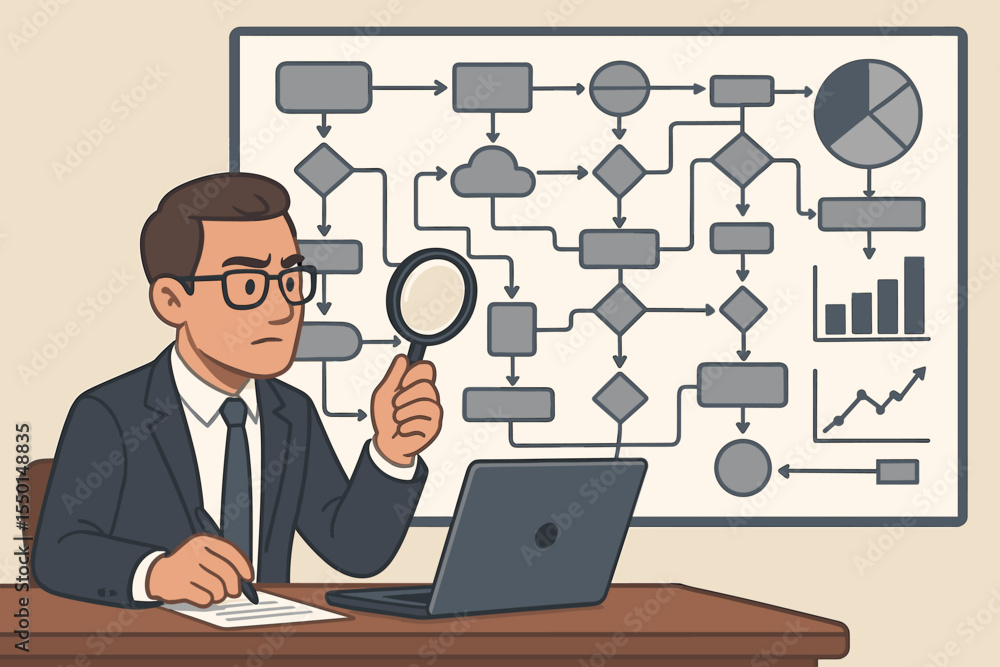 Business analyst examining complex data flow chart with magnifying glass, researching workflow process, decision making, diagram analysis, vector illustration, office workplace, statistics Business analyst examining complex data flow chart with magnifying glass, researching workflow process, decision making, diagram analysis, vector illustration, office workplace, statistics