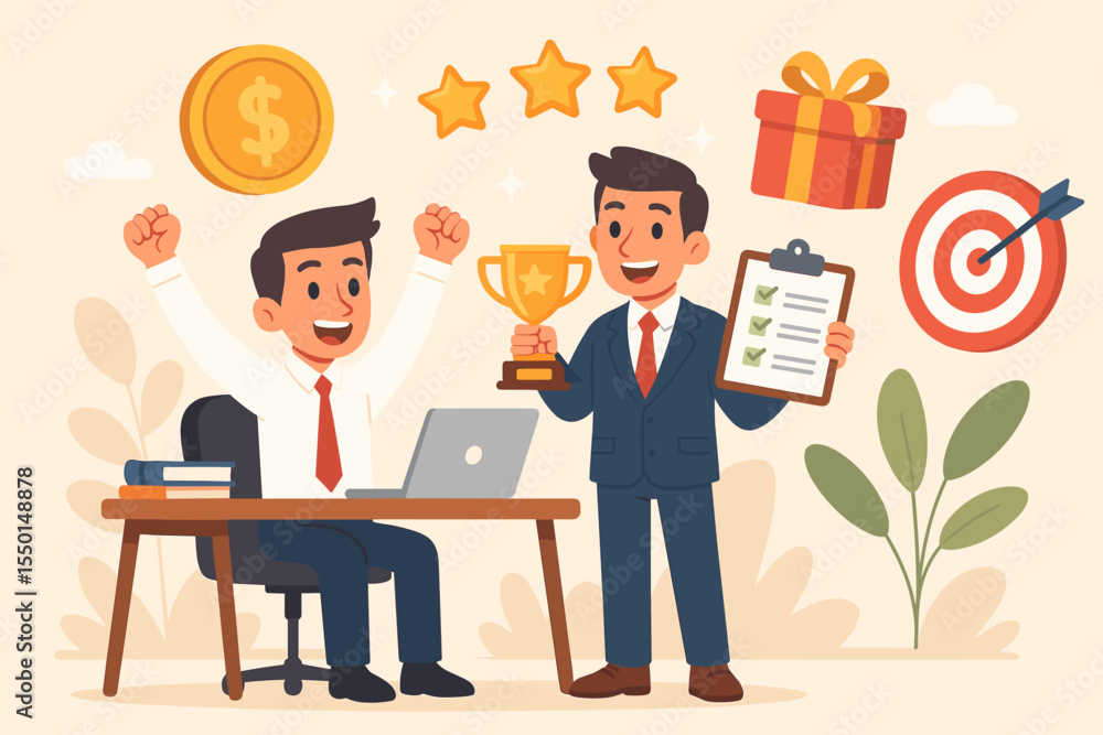 Employee Motivation and Reward Concept. Business Success Cartoon. Office Workers Celebrate Achievement with Trophy, Bonus, Checklist, Target and Gift. Incentive Program. Teamwork Vector Illustration Employee Motivation and Reward Concept. Business Success Cartoon. Office Workers Celebrate Achievement with Trophy, Bonus, Checklist, Target and Gift. Incentive Program. Teamwork Vector Illustration
