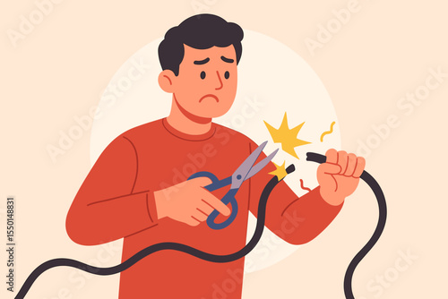 Man Cutting Electric Cable with Scissors, Illustrating Power Disconnection, 404 Error, Connection Loss, Concept of Disrupted Internet, Digital Failure, Flat Vector Cartoon Illustration