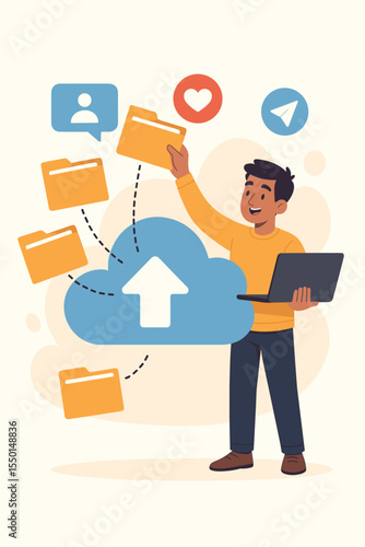 Cartoon man uploading files to cloud storage with laptop, data management, sharing folders, social media icons, digital file transfer, online backup, cloud computing, network communication